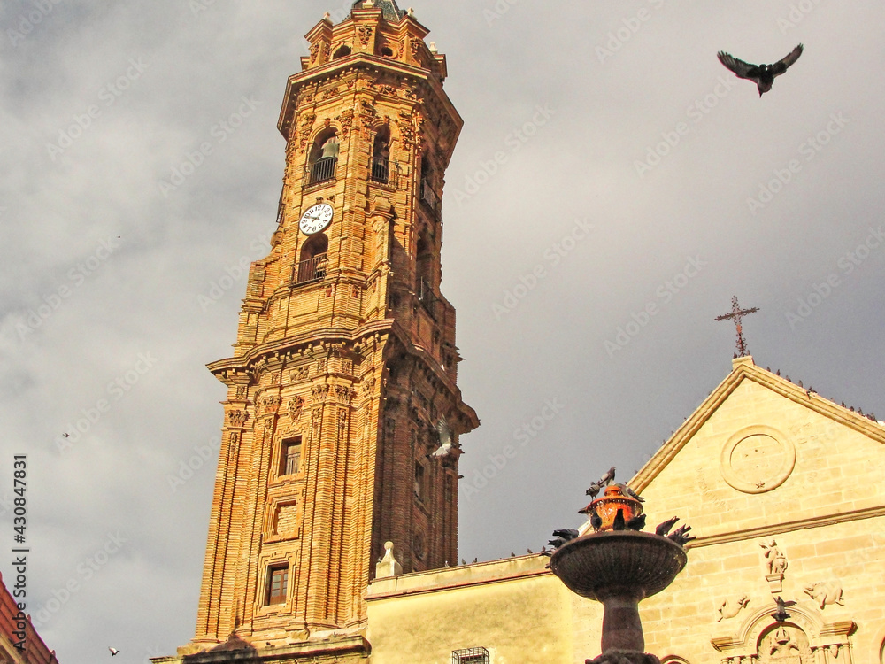 Baroque tower of the St Sebastian church in Antequera, Malaga, Andalusia, Spain