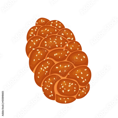 Challah with sesame seeds is the national Jewish food. White bread. Vector illustration isolated on white background.