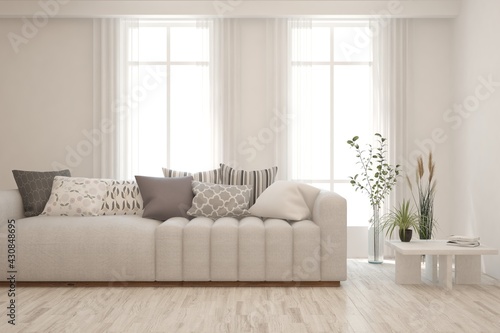 Soft color living room with sofa. Scandinavian interior design. 3D illustration © AntonSh