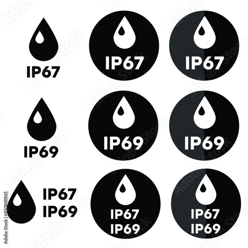 IP67, IP69 protection standart. Set of vector icons. Vector black and white icon with a drop photo