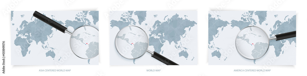 Blue Abstract World Maps with magnifying glass on map of Panama with the national flag of Panama. Three version of World Map. Blue Abstract World Maps with magnifying glass on map of Panama with the national flag of Panama. Three version of World Map.