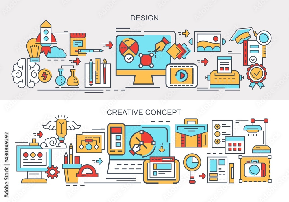 Obraz premium Design. Creative concept. Set of vector, flat, colored banners. 