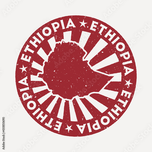 Ethiopia stamp. Travel red rubber stamp with the map of country, vector illustration. Can be used as insignia, logotype, label, sticker or badge of Ethiopia.