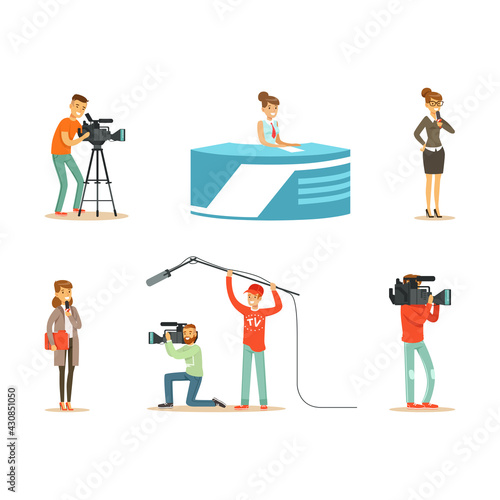 News Program Crew of Professional Cameramen and Journalists Creating TV Broadcast of Live Television Vector Set.