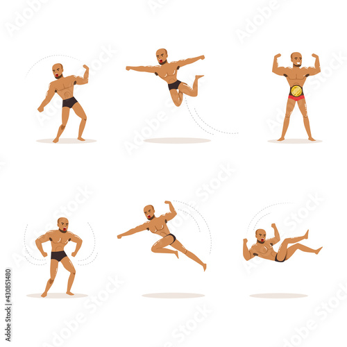 Freestyle Wrestling Fighter In Black Underwear Engaged in Violent Fight Vector Set