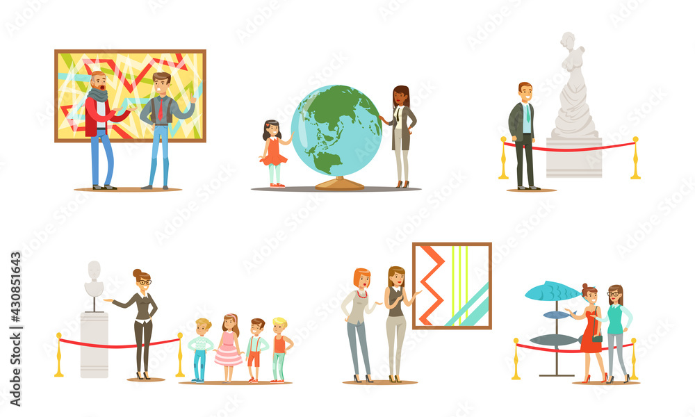 People Characters Visiting Museum and Art Gallery Vector Illustration Set