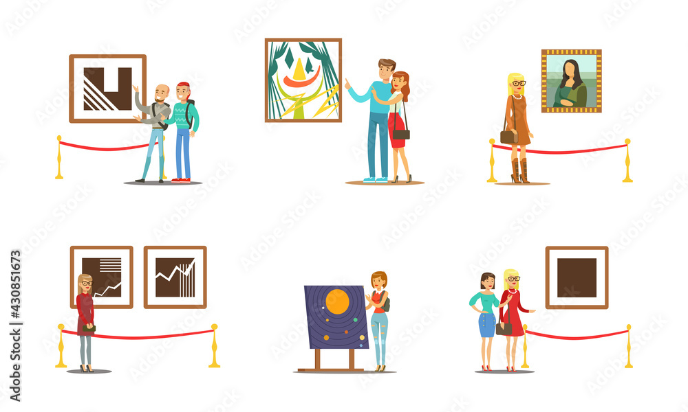 Obraz People Characters Visiting Museum and Art Gallery Vector Illustration Set
