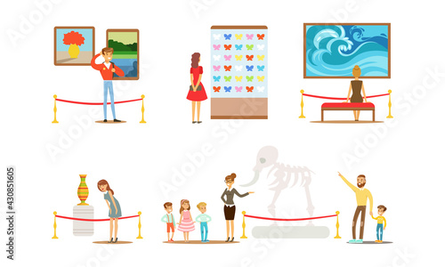 People Characters Visiting Museum and Art Gallery Vector Illustration Set