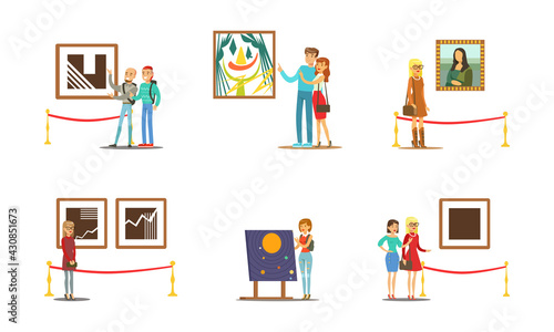 People Characters Visiting Museum and Art Gallery Vector Illustration Set
