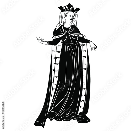 Standing medieval lady in royal crown. Gothic queen or princess in long dress. Black and white silhouette.