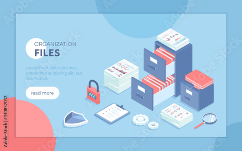 File organization service. Document archiving concept. Organized data storage system. Drawers with folders and documents. Isometric vector illustration for banner, website.