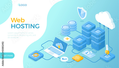 Web hosting, Сloud computing storage, Database, Network connection. Hosting servers, computer, cloud. Isometric vector illustration for website.