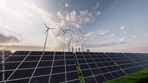 3D animation of Solar panels on large wind turbines background. Windmills. Concept of clean energy, green energy, renewable energy. Alternative energy concept.