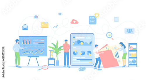 Analytics, analysis, analyzing, data processing, success strategy. A team of specialists analyzes documents, graphics, charts. Vector illustration flat style.