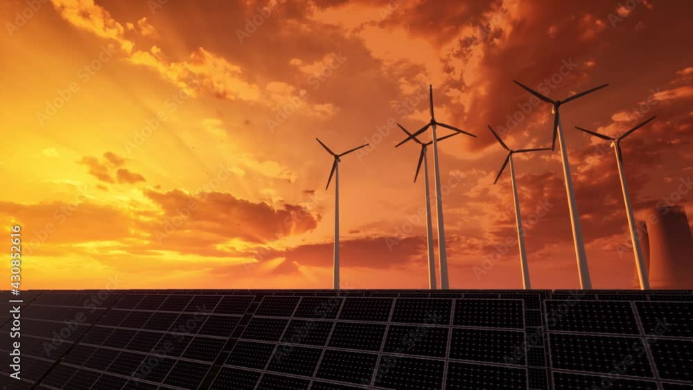 3D animation of Solar panels on large wind turbines background. Windmills. Concept of clean energy, green energy, renewable energy. Alternative energy concept. 3D animation of Solar panels on large wind turbines background. Windmills. Concept of clean energy, green energy, renewable energy. Alternative energy concept.