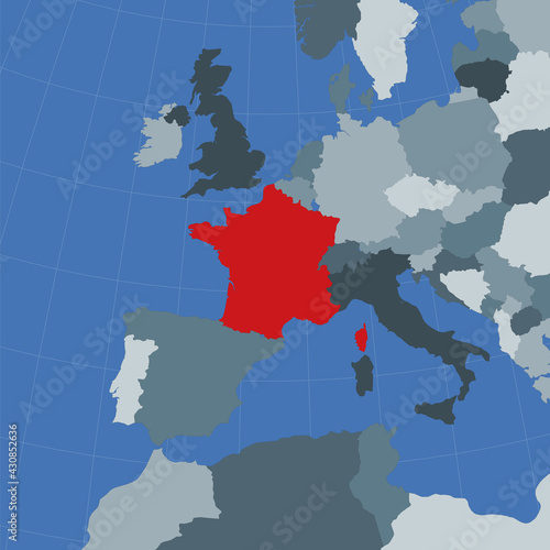 Shape of the France in context of neighbour countries. Country highlighted with red color on world map. France map template. Vector illustration.