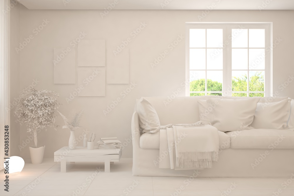 Mock up of stylish room in white color with sofa and green landscape in window. Scandinavian interior design. 3D illustration Mock up of stylish room in white color with sofa and green landscape in window. Scandinavian interior design. 3D illustration
