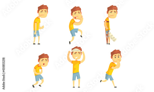 Sick Children Feeling Unwell Suffering From Illness Or Injury Needing Healthcare and Medical Help Vector Set