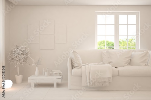 Mock up of stylish room in white color with sofa and green landscape in window. Scandinavian interior design. 3D illustration