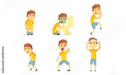 Sick Children Feeling Unwell Suffering From Illness Or Injury Needing Healthcare and Medical Help Vector Set