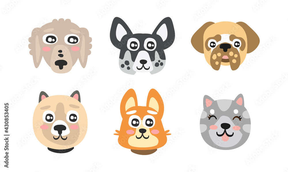 Different Dog Muzzle and Heads with Pointed Ears Vector Set Different Dog Muzzle and Heads with Pointed Ears Vector Set