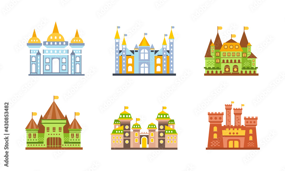 Fairy Castle and Fortress with Flags on Towers Vector Set
