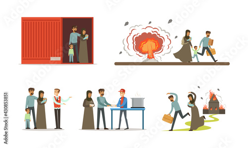 Stateless Refugees or Displaced People Crossing National Boundary Escaping War and Poverty Vector Illustration Set