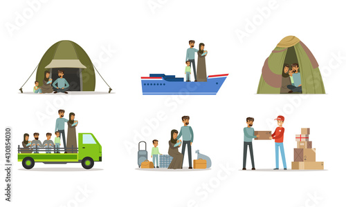 Stateless Refugees or Displaced People Crossing National Boundary Escaping War and Poverty Vector Illustration Set