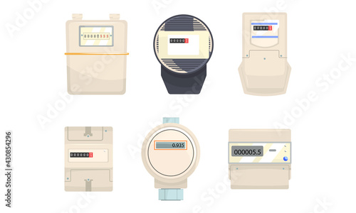 Electric Power, Gas, Water Meter for Measuring Supply and Use of Public Facilities Vector Set