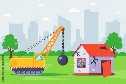 demolish the old building with special equipment. flat vector illustration.
