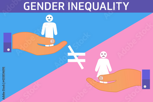 Gender inequality flat vector illustration. Man and woman standing on palm of the hand. Discrimination, injustice and equity concept.