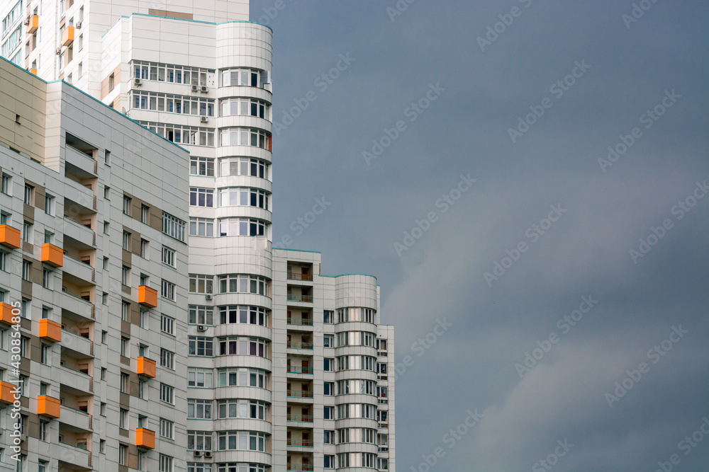 Building in the thunderstorm background in Tyoply Stan district in Moscow