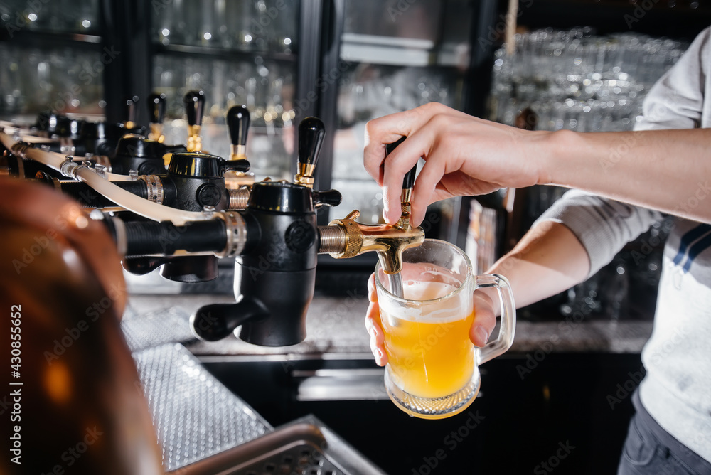 Close-up of the bartender filling a mug of light beer. The bar counter in the pub. Close-up of the bartender filling a mug of light beer. The bar counter in the pub.