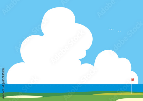 夏空にテキストスペースがあるゴルフ場のイラスト〔A4横〕