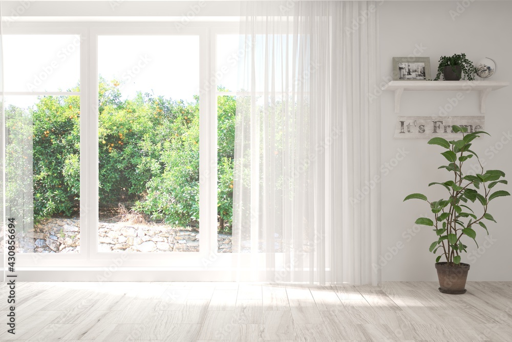 White empty room with summer landscape in window. Scandinavian interior design. 3D illustration White empty room with summer landscape in window. Scandinavian interior design. 3D illustration
