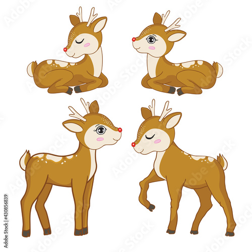 Set of vector illustration of a cute funny deer. Isolated objects on a white background.