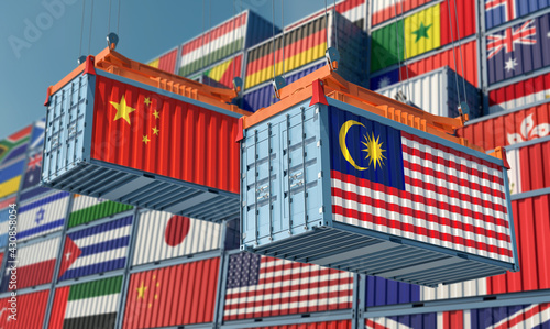 Freight containers with Malaysia and China national flags. 3D Rendering 