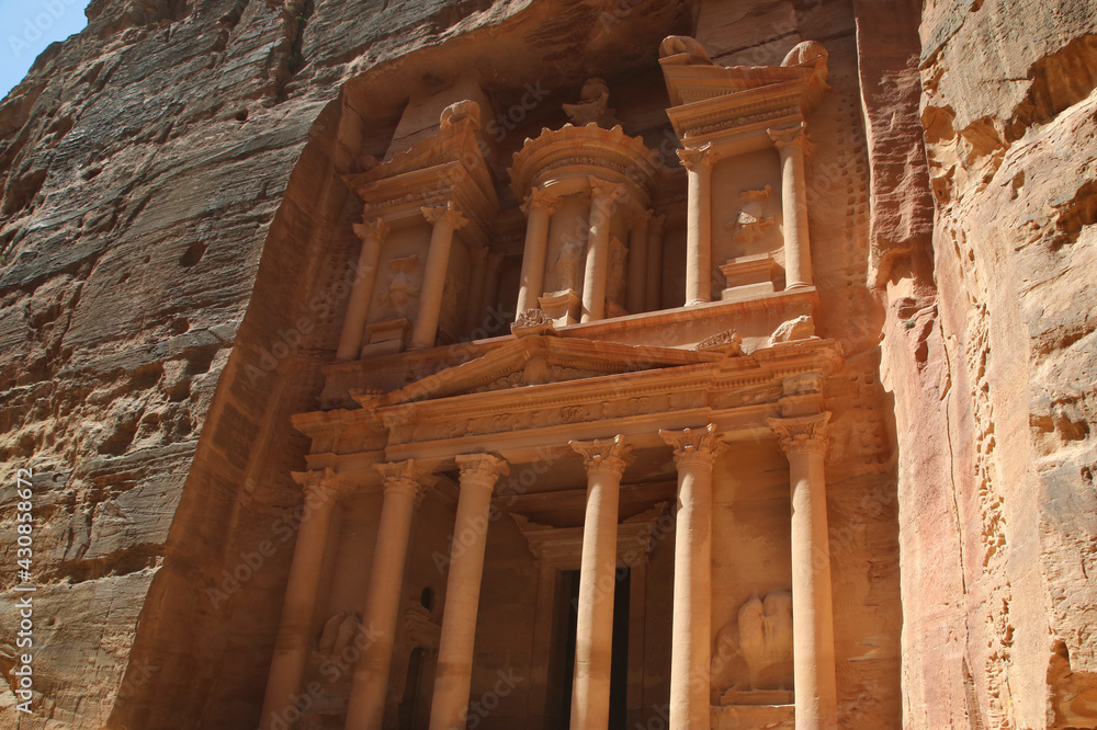 The facade of the Treasury in the ancient city of Petra