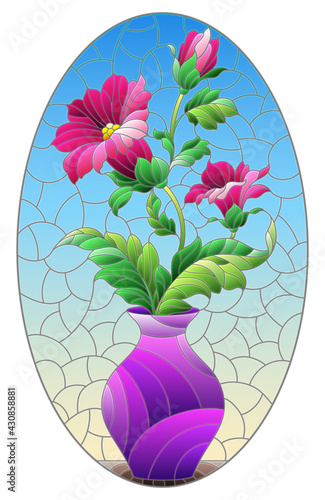 Illustration in the style of a stained glass window with a floral still life, a vase with pink  flowers  on a blue background, oval image 