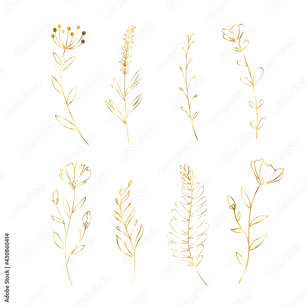 Set of golden flowers. Decoration floral elements for wedding. Vector isolated spring gold poppy, rose, lily. Set of golden flowers. Decoration floral elements for wedding. Vector isolated spring gold poppy, rose, lily.