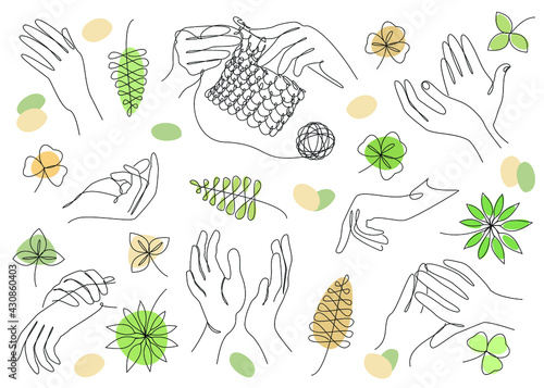 Silhouette Collection of human hands. Palms concept in modern style with one line with plant leaves. Solid sketches for decor, posters, stickers, logo. Set of vector illustrations.