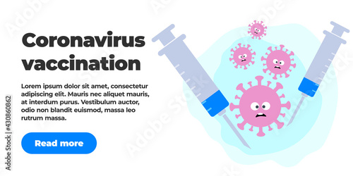 Group of scared viruses scared them in front of two syringes with antiviral vaccine, banner template with text and button read more