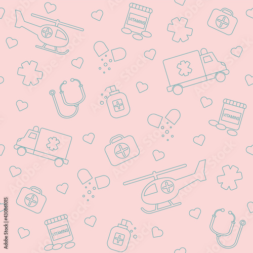 Pediatry Background Seamless Pattern, First Aid for Kids. Vector Doodle Illustration. Medicine Icons, Flat Style Illustration, Medical Seamless Background