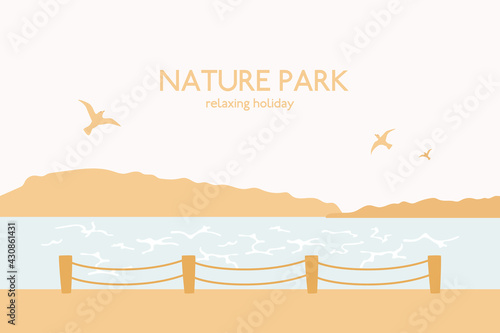 Bay and pier with fence. Seagulls flying under water, ocean, mountains. Abstract landscape with text nature park. Vector illustration, relax, vacation, trip concept.