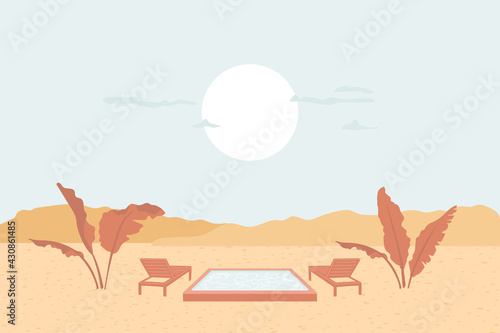 Sunbed by the pool in desert, under large tropical leaves. Idyllic paradise resort on wonderful nature. Honeymoon, luxury rest, solitude vacation concept. Abstract minimal landscape with sun, hills.