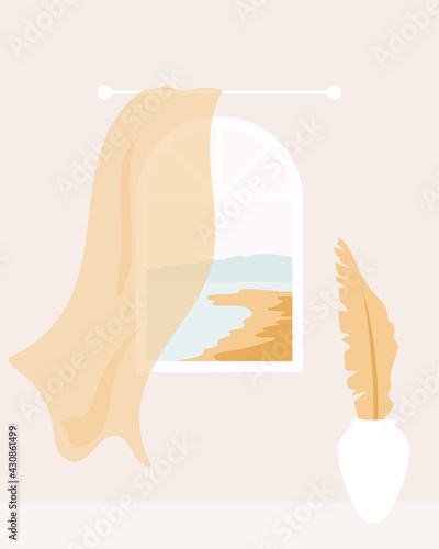 Window with sea, ocean and beach views. Sea breeze, light wind blows the curtains. Wall, tropical leaf in vase. Minimal trendy poster, print, card. Summer vector illustration.