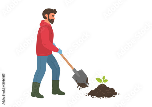 Man plants seedling in soil. Farmer take care of vegetable, tree, or flower sprout. Agriculturist with shovel digs dirt.