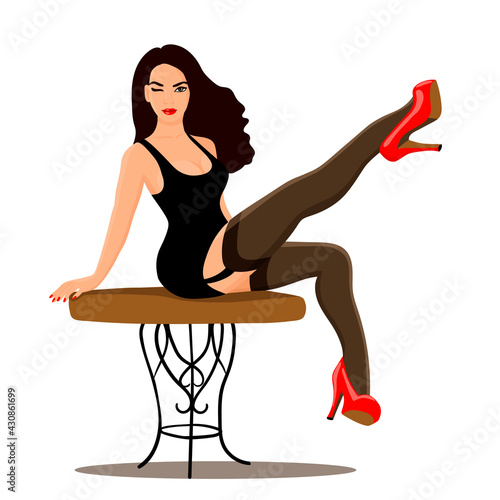 Vector illustration of a sexy pinup girl sitting on the table and winking