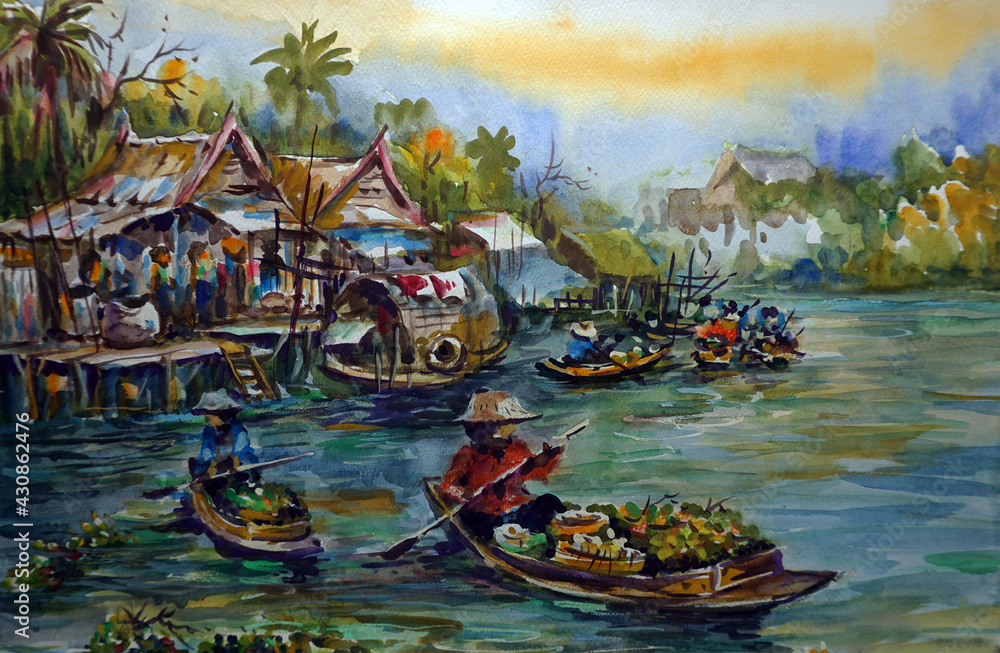 Obraz premium hand painted original impressionism art painting oil color boating floating market thailand countryside and siam land of smiles sunrise