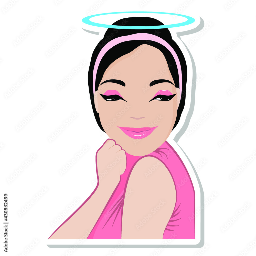 Face of a beaWell done! Cartoon friendly brunette woman with halo over head is happy, smiling angel girl flirts cute.uty young smiling woman, beautiful fashionable happy cute girl, isolated vector por Face of a beaWell done! Cartoon friendly brunette woman with halo over head is happy, smiling angel girl flirts cute.uty young smiling woman, beautiful fashionable happy cute girl, isolated vector por